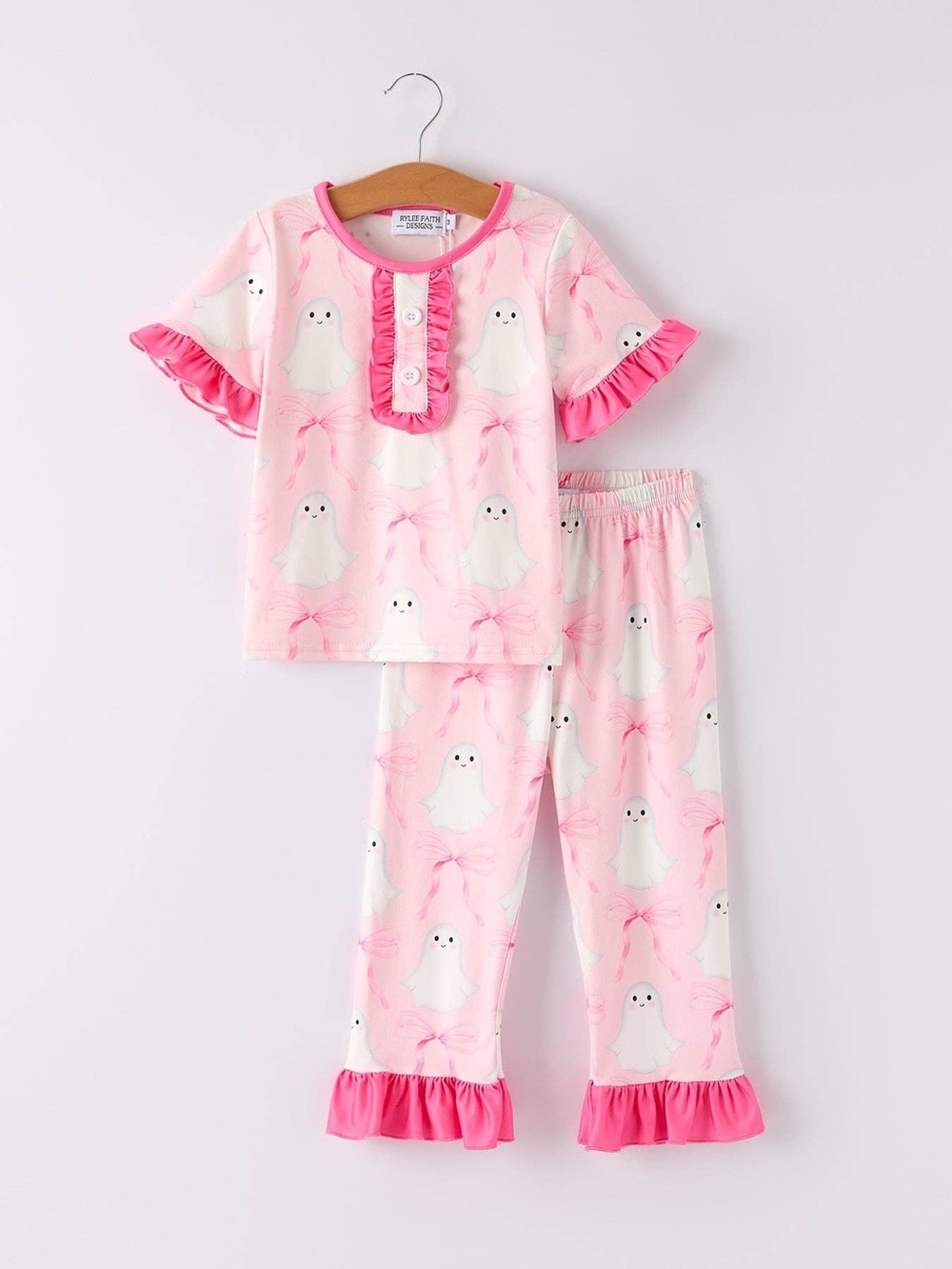 Rylee Faith Designs Girls Pink Ghost Print Ruffle Pajama Set 2 3 4 5 6 7